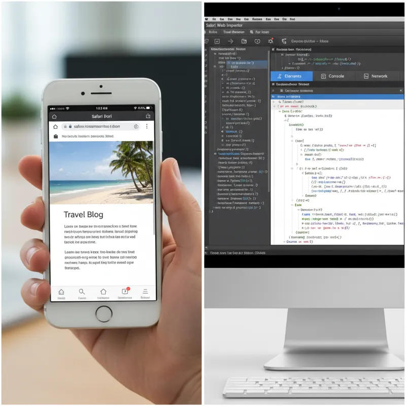 A split image. On the left, a hand holding an iPhone with its Safari browser open to a web page. On the right, a MacBook screen displaying the Safari