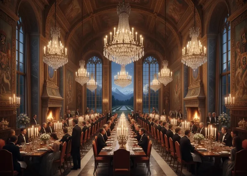 Huge elegant dining room featuring a long dark wood dining table, numerous upholstered chairs, an ornate chandelier, and large windows, designed for grand entertaining.