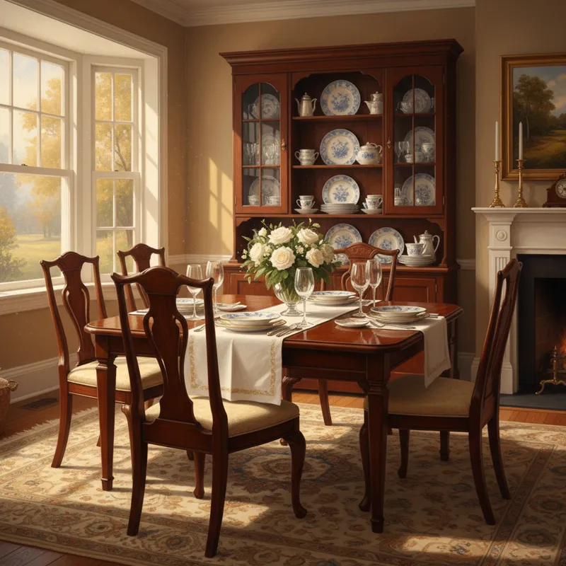 A beautifully furnished dining room featuring a classic wooden hutch filled with delicate dishware and a matching solid wood dining table set for an e