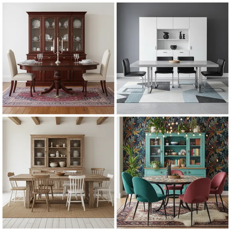 A collage of four distinct dining room styles, each featuring a different hutch and table combination: one traditional, one modern, one farmhouse, and