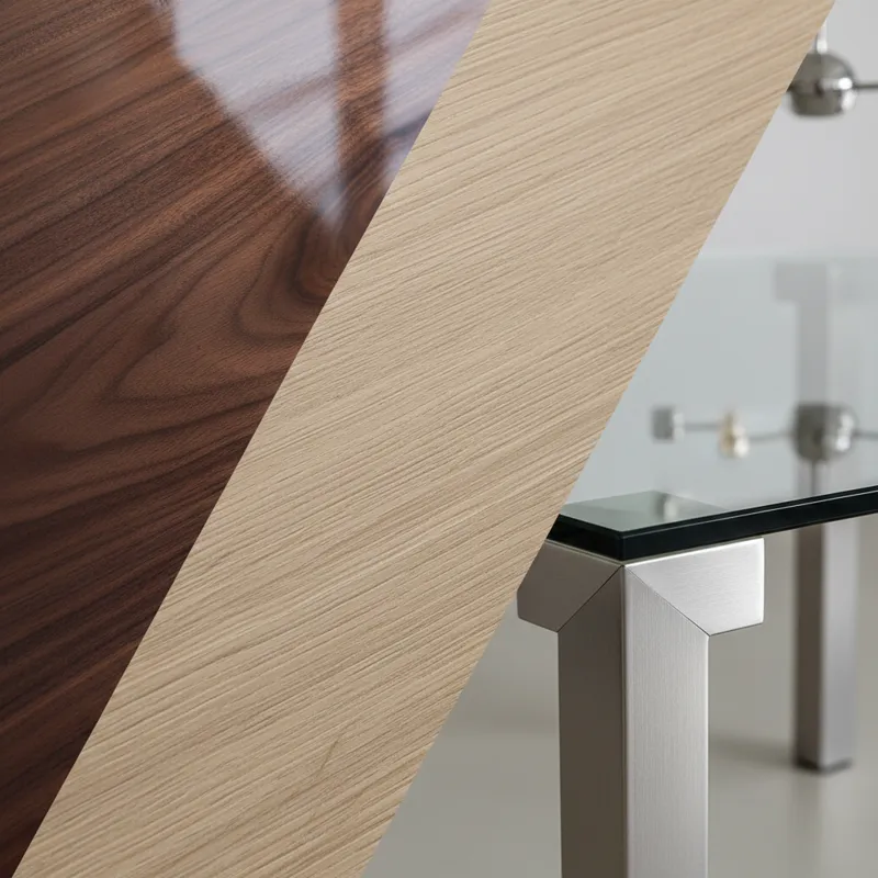 A close-up collage showing different furniture materials: a smooth, polished solid wood surface, a detailed grain of veneered wood, and a modern dinin