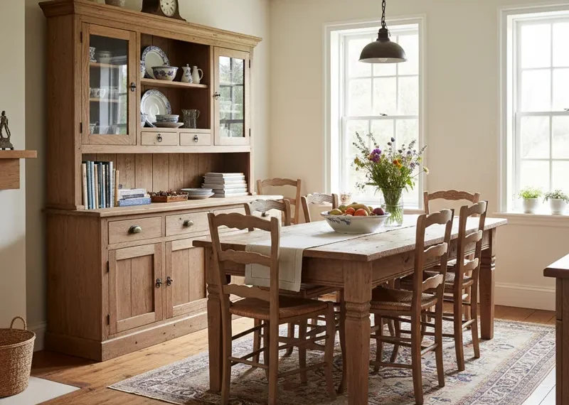 A rustic wooden hutch featuring glass-front cabinets and a matching farmhouse dining table with chairs, set in a bright dining area.