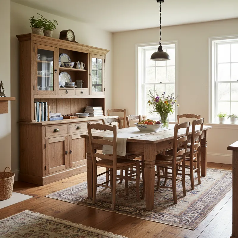 A rustic wooden hutch featuring glass-front cabinets and a matching farmhouse dining table with chairs, set in a bright dining area.