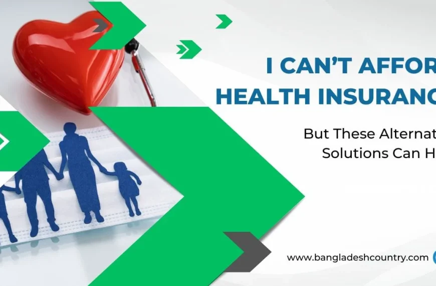 A red heart and a stethoscope symbolize health, alongside blue paper cutouts of a family (two adults, two children) on a medical mask. Text reads: 'I CAN'T AFFORD HEALTH INSURANCE But These Alternative Solutions Can Help'. The website 'www.bangladeshcountry.com' is also visible.