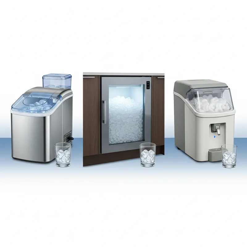 A comparison graphic showing three types of ice dispensers: a compact countertop model, a built-in under-counter unit, and a small, standalone commerc
