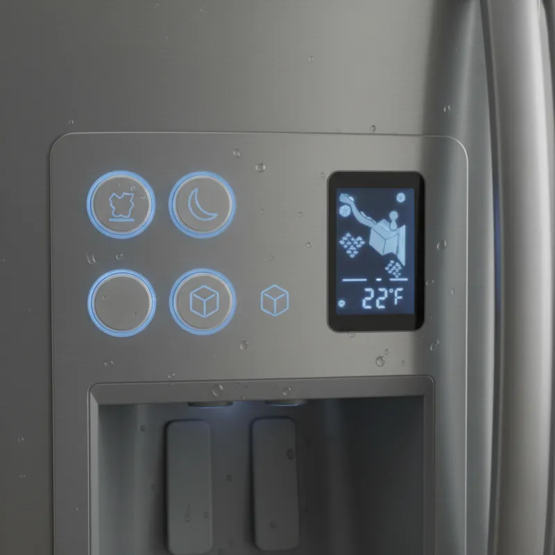 A close-up shot of an ice dispenser's control panel, showing various ice type selection buttons and a digital display.