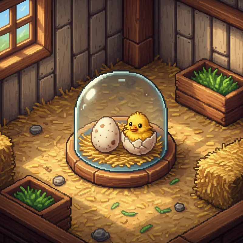 A detailed in-game screenshot of an Incubator inside a Stardew Valley coop, with an egg placed inside and another one hatching.