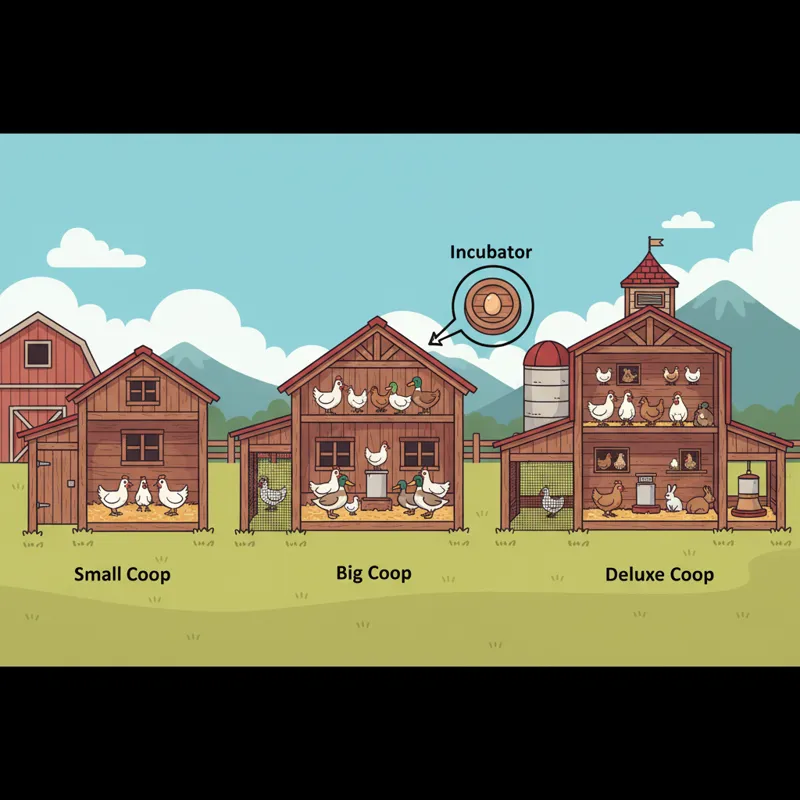 A detailed graphic showing the different stages of Coop upgrades in Stardew Valley (Small, Big, Deluxe), highlighting where the Incubator becomes avai