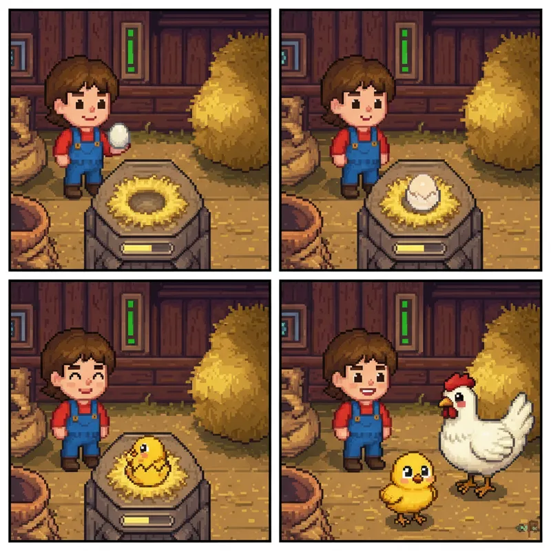 A clear sequence of in-game screenshots demonstrating the steps of placing an egg into an Incubator in Stardew Valley and the resulting baby animal.