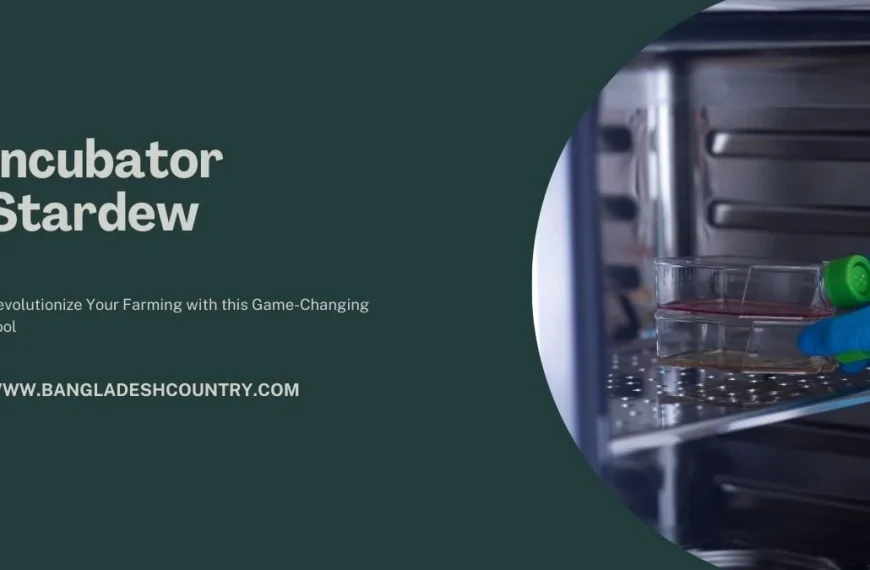 Promotional graphic for 'Incubator Stardew', featuring the text 'Revolutionize Your Farming with this Game-Changing Tool'. On the right, a gloved hand places cell culture flasks into a laboratory incubator. The website 'WWW.BANGLADESHCOUNTRY.COM' is also displayed.