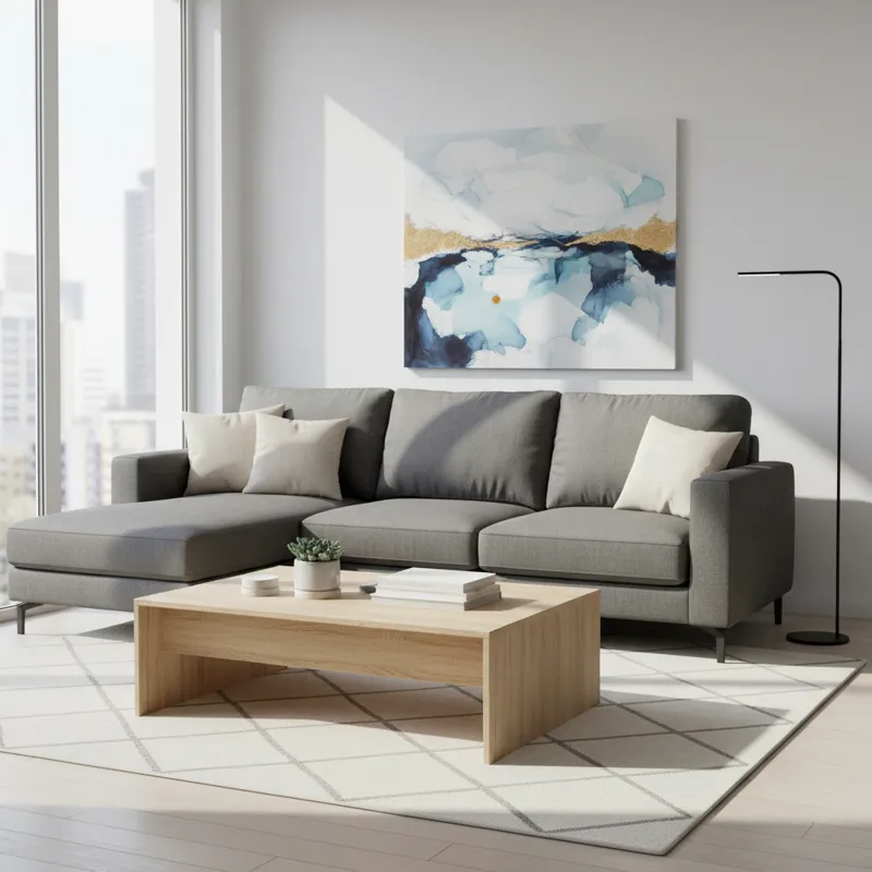 A sleek, modern living room with an inexpensive coffee table made of particle board with a light wood laminate finish, looking surprisingly good, demo