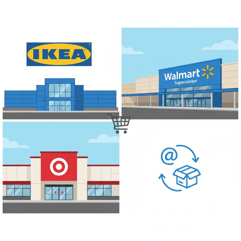 A collage image showing logos or storefronts of major mass-market retailers like IKEA, Walmart, Target, and a generic online marketplace, representing