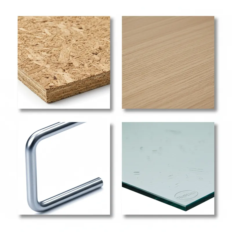 A close-up collage showing different common materials used in inexpensive tables: a cross-section of particle board, a smooth laminate surface, a piec