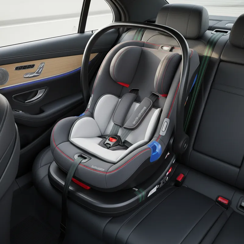 A detailed, high-angle shot of a modern infant car seat securely installed in the rear seat of a car, emphasizing its safety features and snug fit. Th