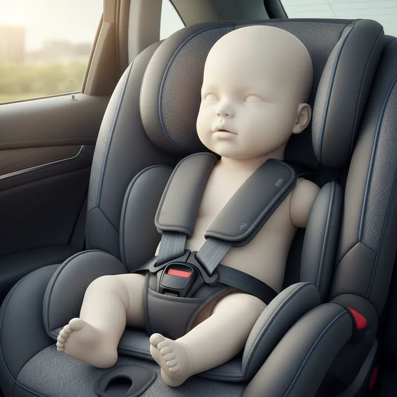 A close-up shot of a car seat's 5-point harness system being correctly buckled on a baby-sized mannequin, highlighting the secure fit and padded strap