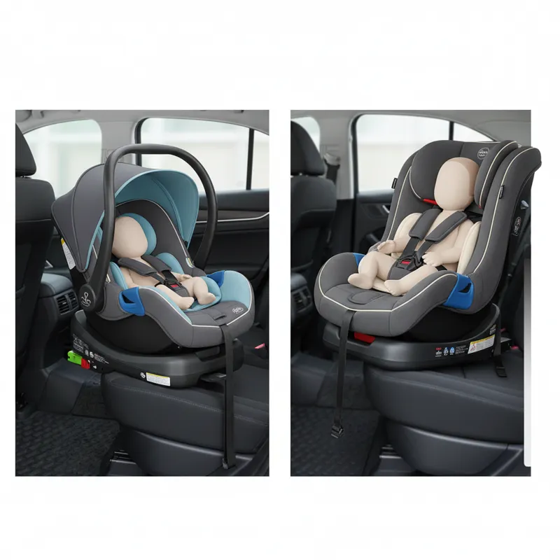 A comparison shot showing an infant car seat next to a convertible car seat, both in their rear-facing configurations, to illustrate the size and desi