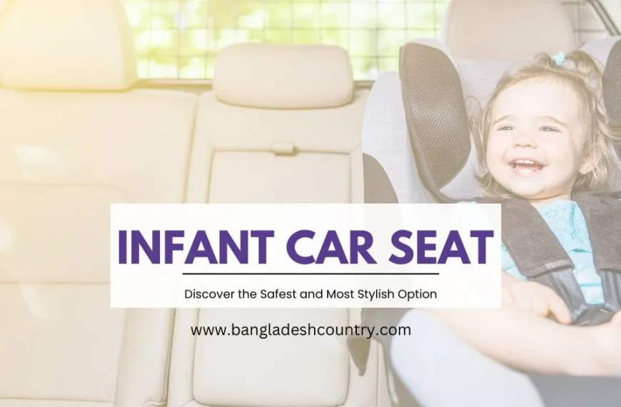 A happy baby with curly hair is smiling brightly in a grey infant car seat inside a car with beige upholstery. The image features a text overlay that reads 'INFANT CAR SEAT', 'Discover the Safest and Most Stylish Option', and 'www.bangladeshcountry.com'.