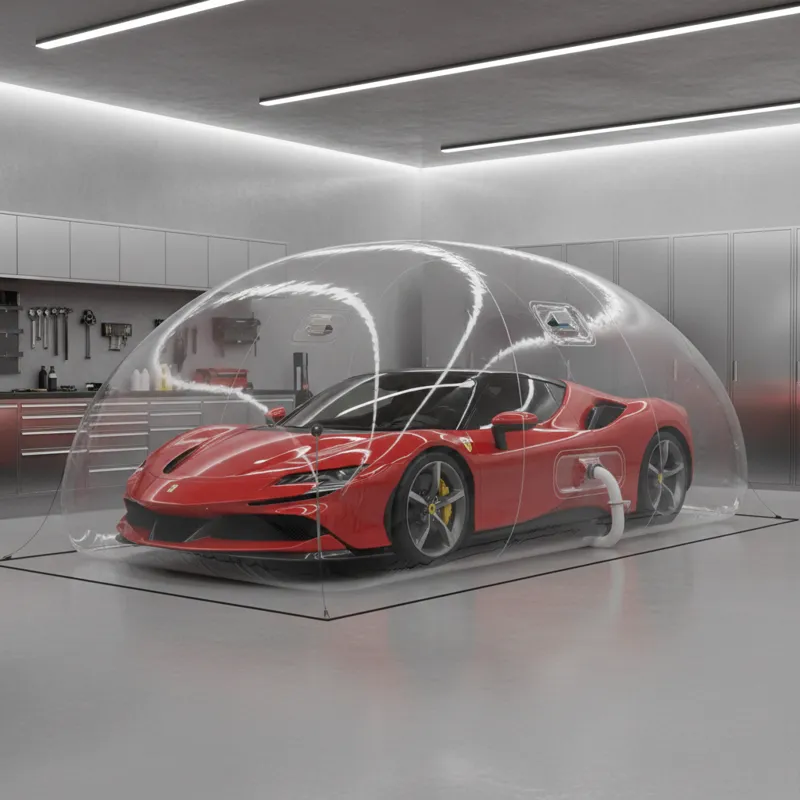 A sleek, modern inflatable car cover encasing a luxury sports car, with a clear view of the car inside. The cover looks robust and inflated, with subt