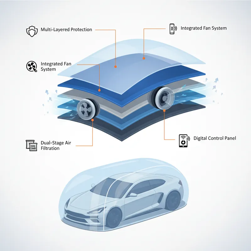 An infographic-style image highlighting various features of an advanced inflatable car cover, such as material layers, fan system, filter types, and d