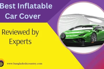 A green sports car safely stored inside a clear inflatable car cover, with text reading '4 Best Inflatable Car Cover Reviewed by Experts'.