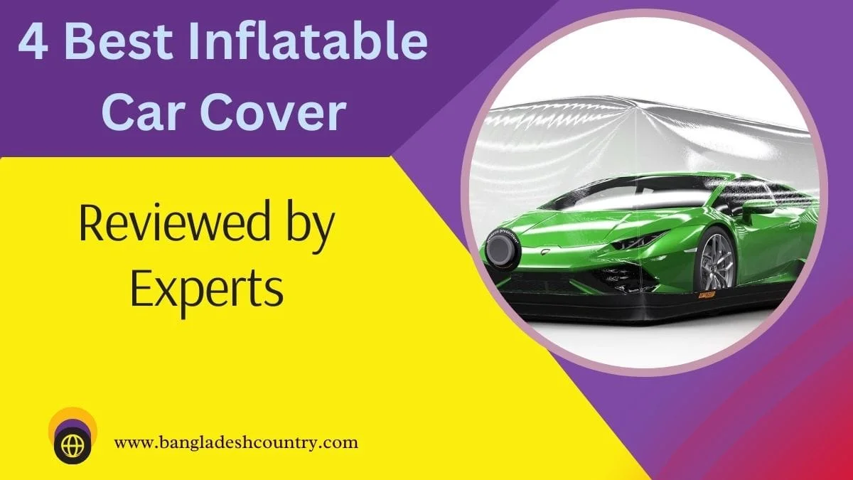 A green sports car safely stored inside a clear inflatable car cover, with text reading '4 Best Inflatable Car Cover Reviewed by Experts'.