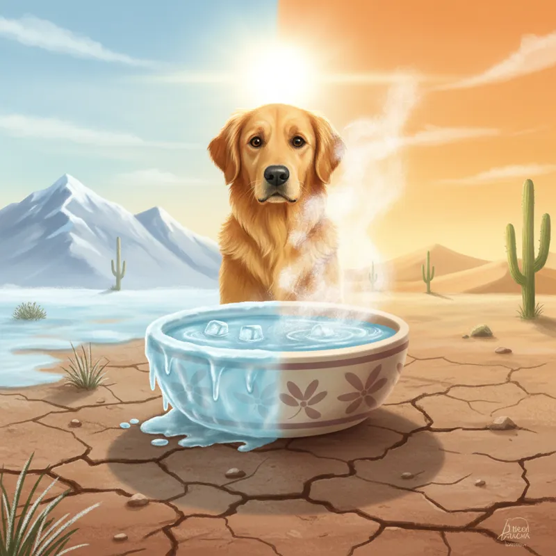 A wide shot of a dog looking at a water bowl, with half of the bowl covered in ice and the other half steaming under a hot sun, visually representing