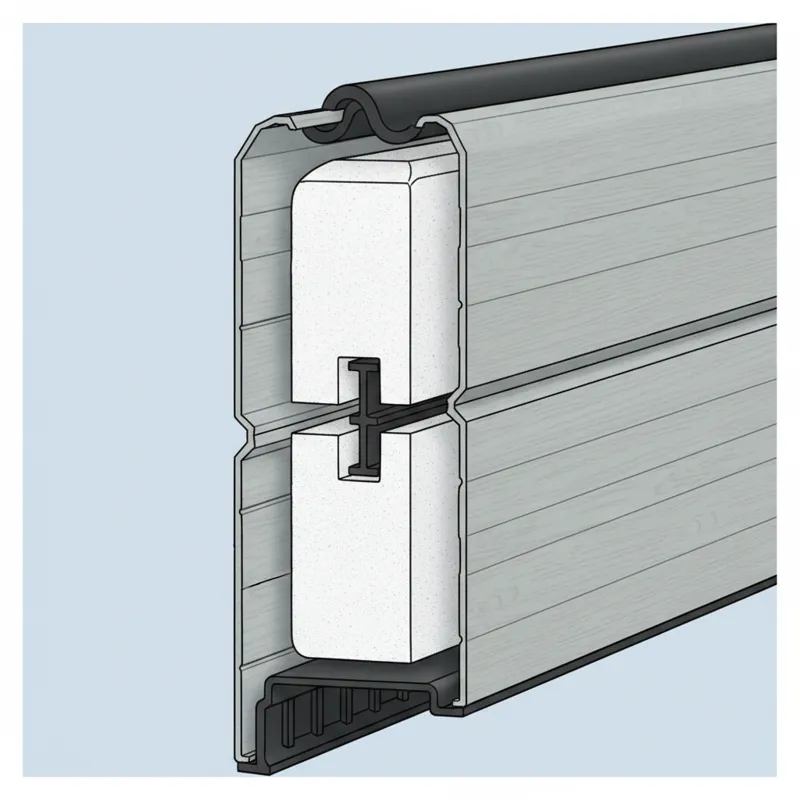 A detailed cross-section diagram of an insulated garage door panel, clearly showing the outer steel layers, inner insulation (polystyrene or polyureth