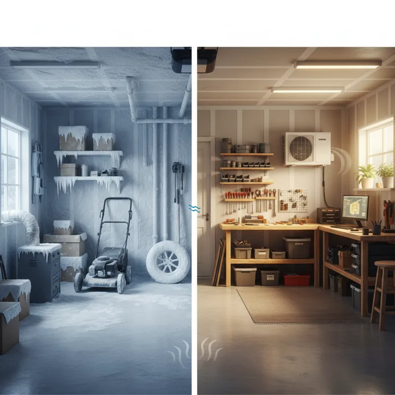 A split image showing two garages: one with frost on the interior walls and stored items, and the other with a neat, climate-controlled interior sugge
