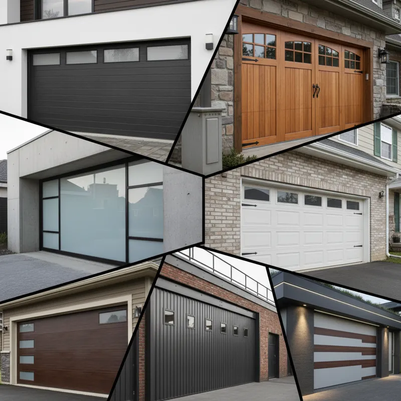 A diverse collage of 7 different types of modern insulated garage doors, showcasing various materials (steel, wood composite, aluminum, vinyl, fibergl