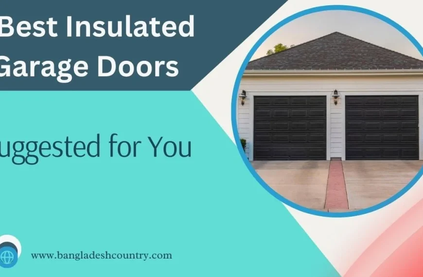 A graphic titled '7 Best Insulated Garage Doors' featuring a circular image of a modern house with two black insulated garage doors. Additional text reads 'Suggested for You' and includes the website 'www.bangladeshcountry.com'.