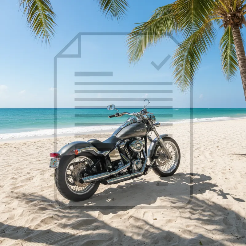 A Florida motorcycle parked by a sunny beach, with a subtle overlay of a document outline representing insurance, implying the intersection of freedom