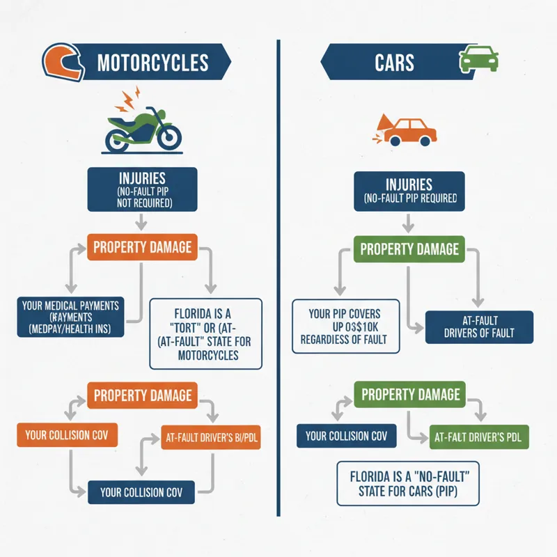 A detailed infographic illustrating the flow of Florida's financial responsibility law specifically for motorcycles, contrasting it with a simplified