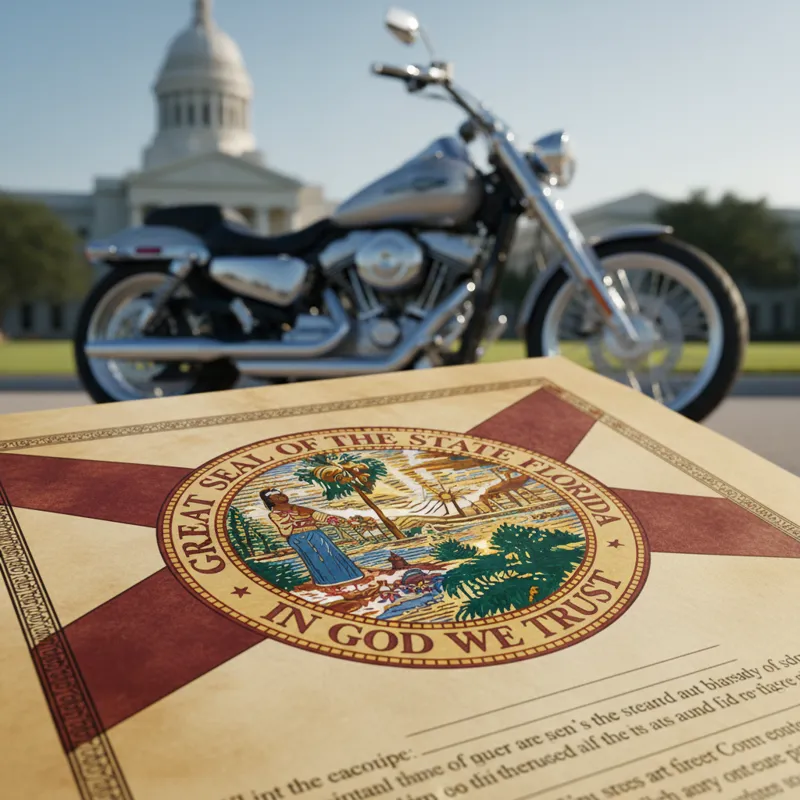 A close-up of a legal document or official Florida state seal, with a motorcycle in the blurred background, symbolizing the legal framework governing