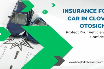 Two blue toy cars in a simulated crash on a white surface with a drawn impact mark, alongside text that reads: 'INSURANCE FOR CAR IN CLOVIS OTOSIGNA' and 'Protect Your Vehicle with Confidence'. Green and grey arrow graphics are part of the design.