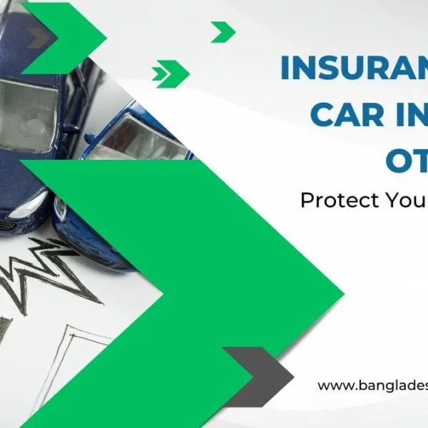Two blue toy cars in a simulated crash on a white surface with a drawn impact mark, alongside text that reads: 'INSURANCE FOR CAR IN CLOVIS OTOSIGNA' and 'Protect Your Vehicle with Confidence'. Green and grey arrow graphics are part of the design.