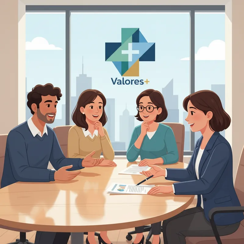 A diverse group of people, some speaking Spanish, engaging with an insurance agent in a modern, welcoming office. The agent is clearly explaining docu