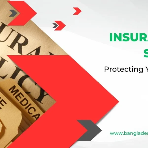 A graphic featuring insurance documents labeled 'INSURANCE POLICY', 'HOME', 'LIFE', and 'MEDICA'. Green text prominently displays 'INSURANCE IN SPANISH' with a subtitle 'Protecting Your Valores+!'. Red arrow graphics add a dynamic touch, and 'www.bangladeshcountry.com' is visible at the bottom.