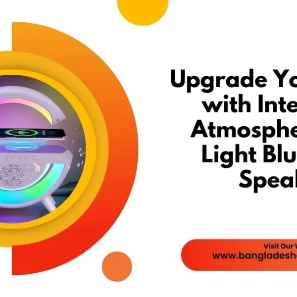 Promotional banner for a G-shaped Intelligent Atmosphere RGB Light Bluetooth Speaker featuring colorful LED lighting and the text 'Upgrade Your Space' on an orange and white background.