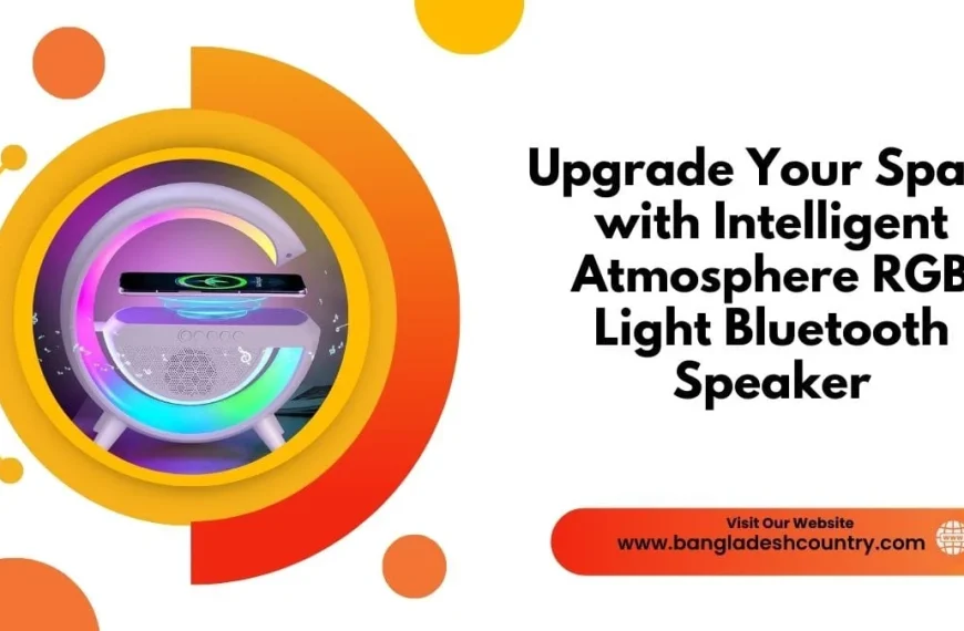 Promotional banner for a G-shaped Intelligent Atmosphere RGB Light Bluetooth Speaker featuring colorful LED lighting and the text 'Upgrade Your Space' on an orange and white background.