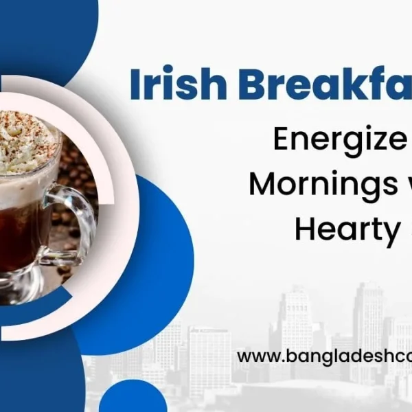 A promotional image for Irish Breakfast Tea, showing a glass mug of tea with whipped cream against a city skyline. The text reads 'Irish Breakfast Tea, Energize Your Mornings with a Hearty Sip'.