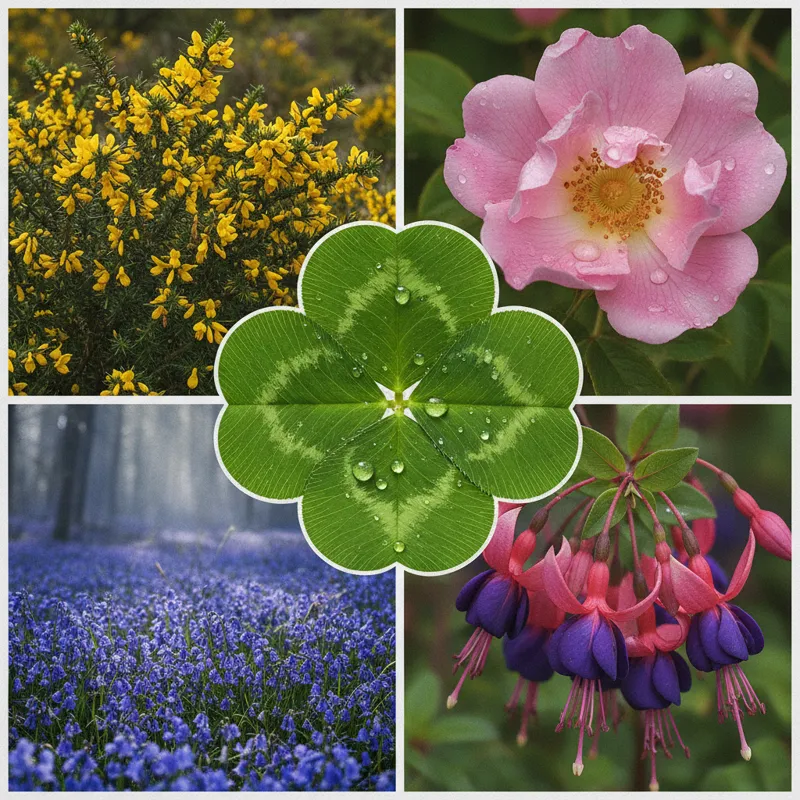 A collage of close-up images featuring various iconic Irish flowers: a vibrant green shamrock, a wild pink dog rose with dewdrops, a cluster of purple