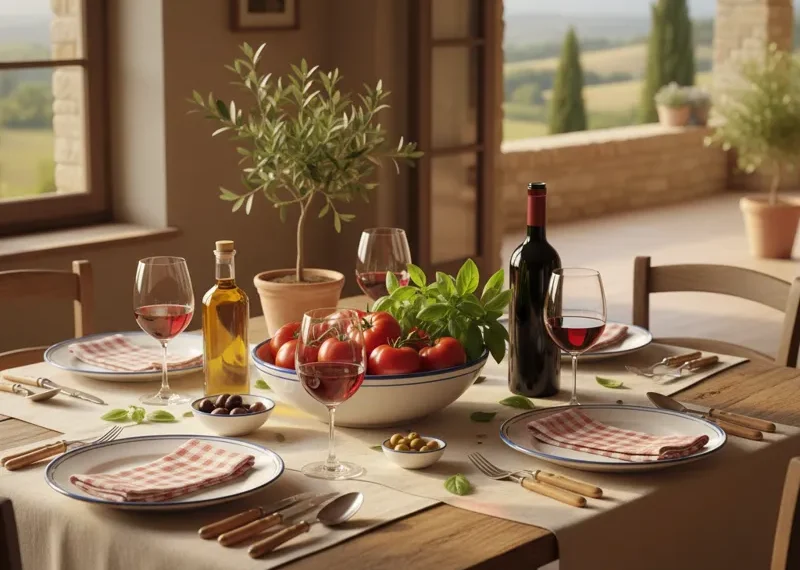 A beautifully set traditional Italian table with pasta, red wine, fresh bread, olive oil, and olives, ready for a family meal.
