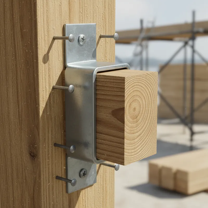 A clear, close-up image showing a standard joist hanger properly installed, supporting a wooden joist against a ledger board or beam, with visible fas