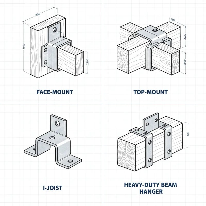 A collage or infographic showing different types of joist hangers: face-mount, top-mount, I-joist, and a heavy-duty beam hanger, each labeled clearly.