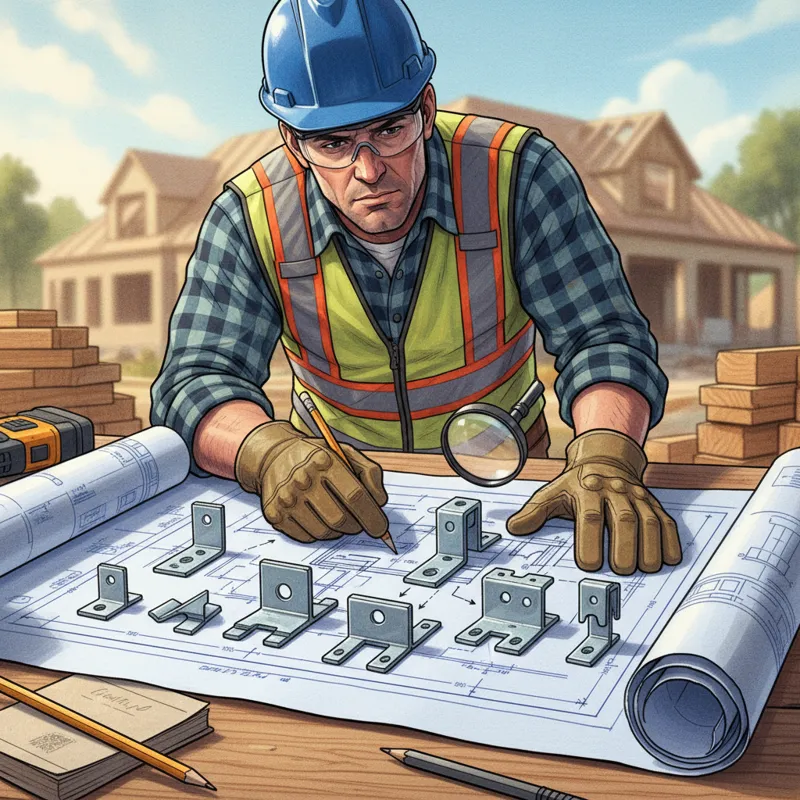 A construction worker, wearing safety glasses and gloves, examining different types of joist hangers laid out on a blueprint, highlighting the decisio