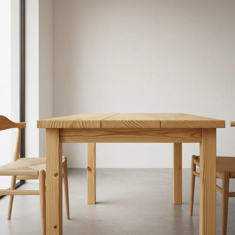 A detailed shot of the solid pine construction of a Jokkmokk table, highlighting its grain and simple joinery, set in a minimalist dining area.