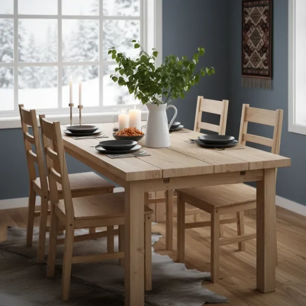 Solid pine Jokkmokk dining table with a minimalist Scandinavian design, featuring a light wood finish and clean lines, shown with two matching wooden chairs in a bright room.