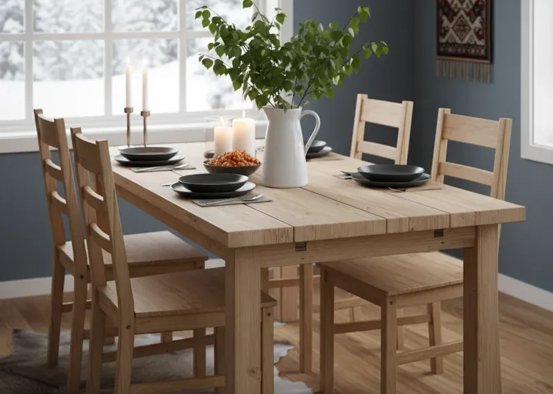 Solid pine Jokkmokk dining table with a minimalist Scandinavian design, featuring a light wood finish and clean lines, shown with two matching wooden chairs in a bright room.