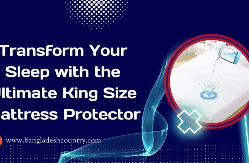 Advertisement for a king size waterproof mattress protector showing water pouring onto a white mattress, highlighting its spill-proof feature. Text reads: 'Transform Your Sleep with the Ultimate King Size Mattress Protector'.