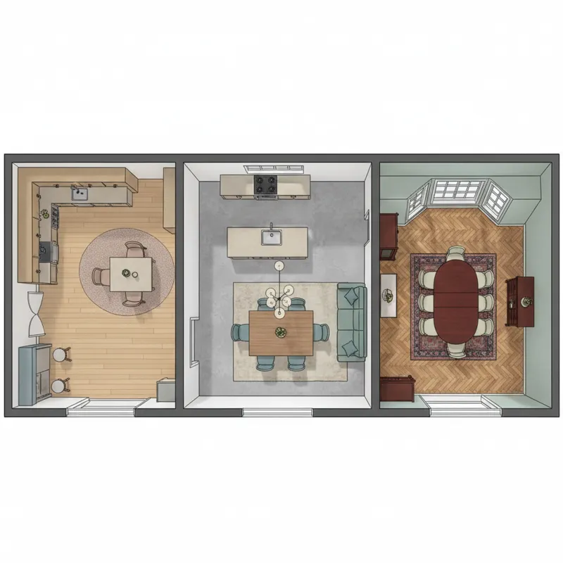 An aerial view illustration of different kitchen and dining room layouts, showing how furniture sets fit into small apartments, open-plan homes, and t